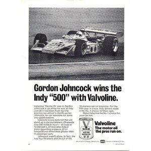 1973 Valvoline Racing Motor Oil Vintage Print Ad Indy 500 Johncock 70s Wall Art